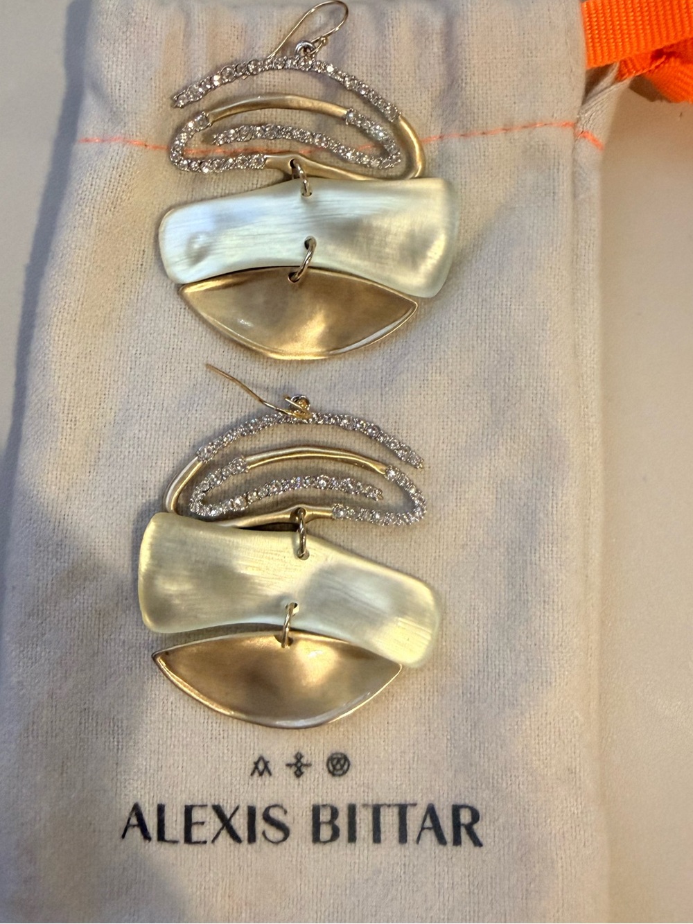 Alexis Bittar two toned gold & silver crystal sculptural drop earrings